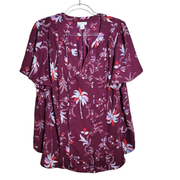 Liz Claiborne Womens Top Plus Size 1X Purple Floral Flutter Sleeve Pleated VNeck - Picture 1 of 6
